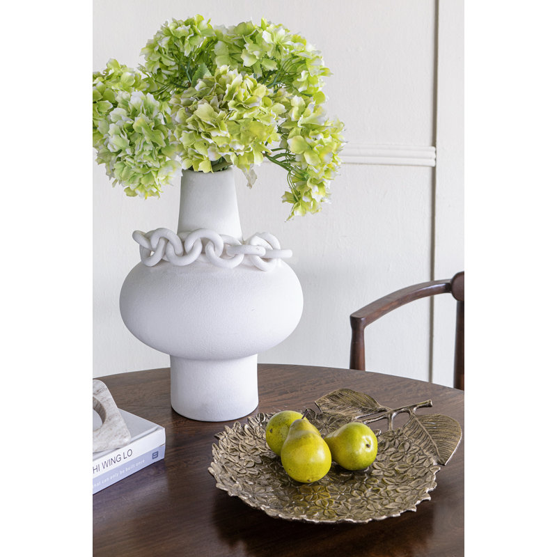 12X12x15.5" Round White Ceramic Vase With Sculptural Chain Details