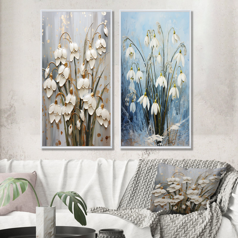 Ensemble de 2 impressions sur toile Modern Blue and Gold Snowdrops - Snowdrops, Cadre flottant blanc, H 28 po x l 25 po