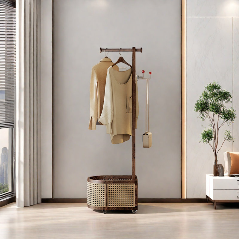 Walnut Coat Rack with Wheels Multi-functional