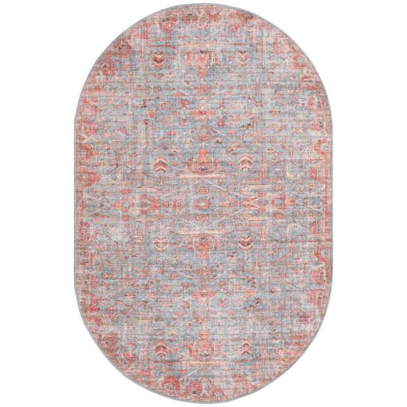Tapis floral bleu / corail Guzik, Ovale 7 pi 10 po x 10 pi