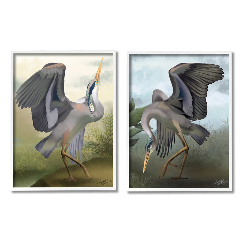 Crane Dance Landscape, impression sur bois encadrée 2 pièces, Estampe numérique encadrée blanc bord de mer
