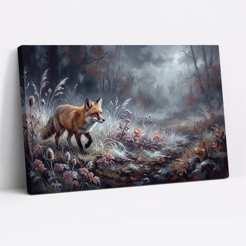 Art mural sur toile, "Renard roux marchant dans la forêt brumeuse", 32"H x 48"W