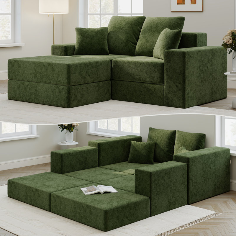 Canapé modulaire escamotable en velours avec repose-pieds Boneless, Velours vert
