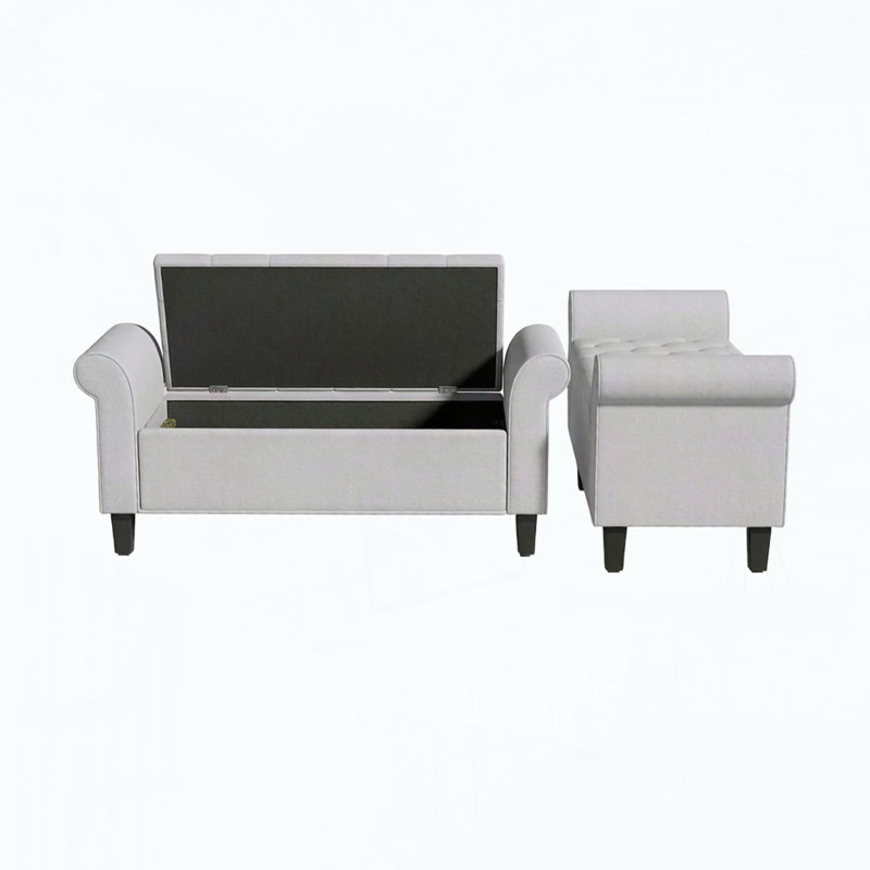 Banc de rangement touffeté à accoudoirs roulés, Gris clair, Gris clair