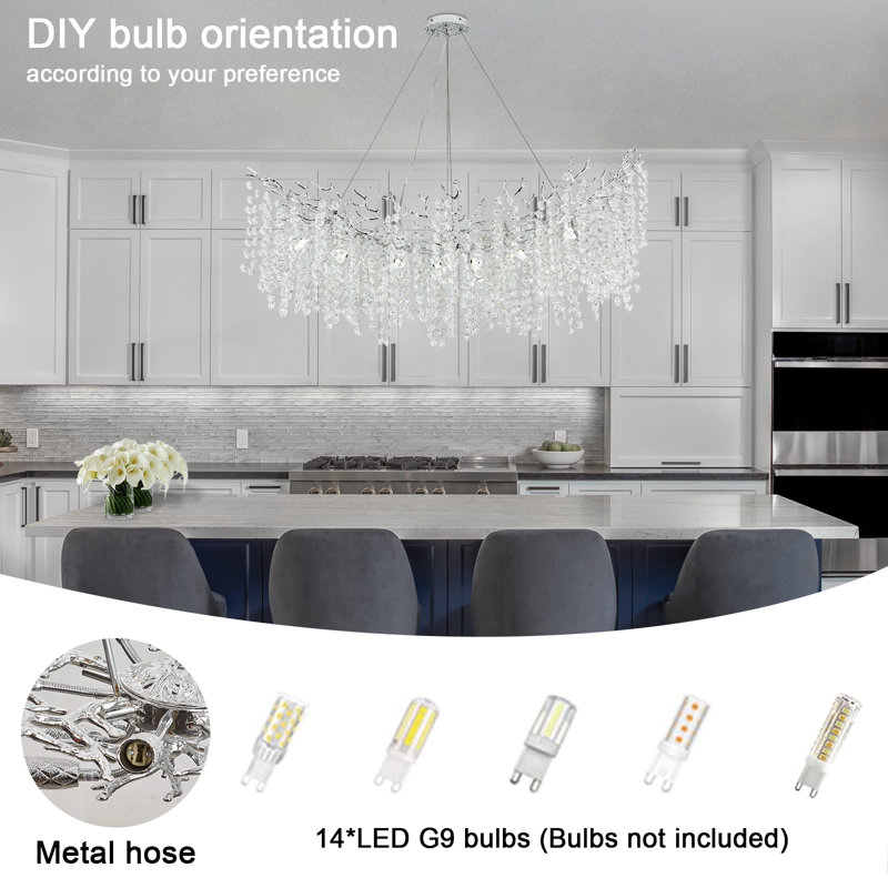 Tree Branch Snow Crystal Chandelier Lighting 47"L, Silver/White