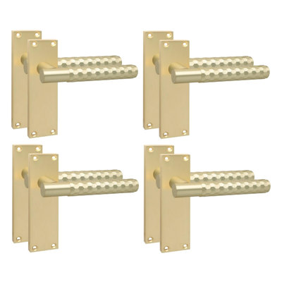 Golden Grace 4 Pairs Victorian Design Knurled Hex Cut Door Handle Bathroom and Lock Set Satin Brass Finish - 150mm x 40mm