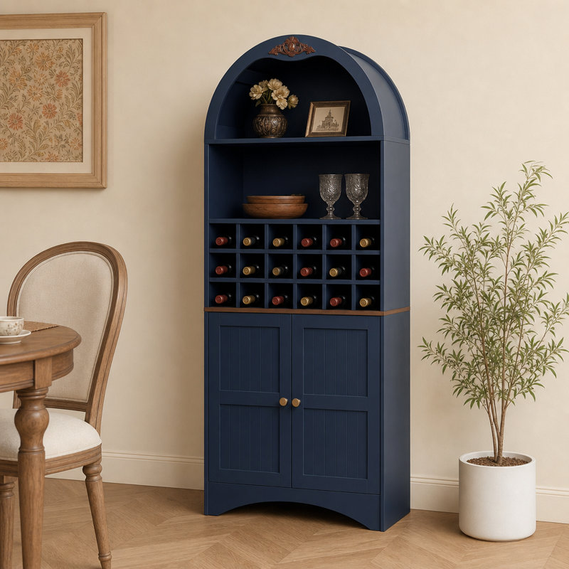 Bar arqué avec bar à vin, rangement pour boissons alcoolisées autoportant avec tablettes réglables et support à vin, Bleu