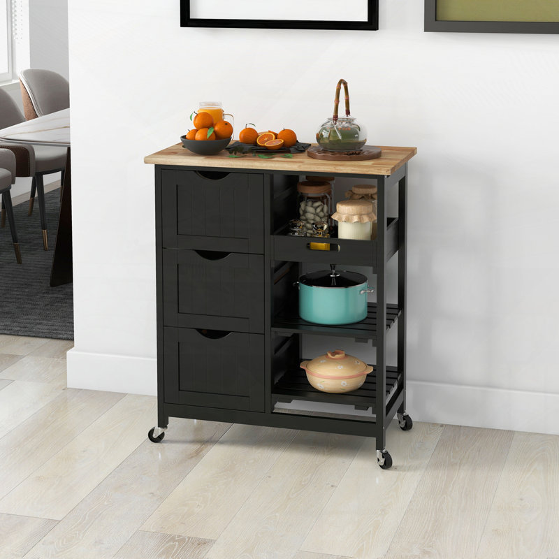 Chariot pour îlot de cuisine roulant avec tablettes et tiroirs en bois