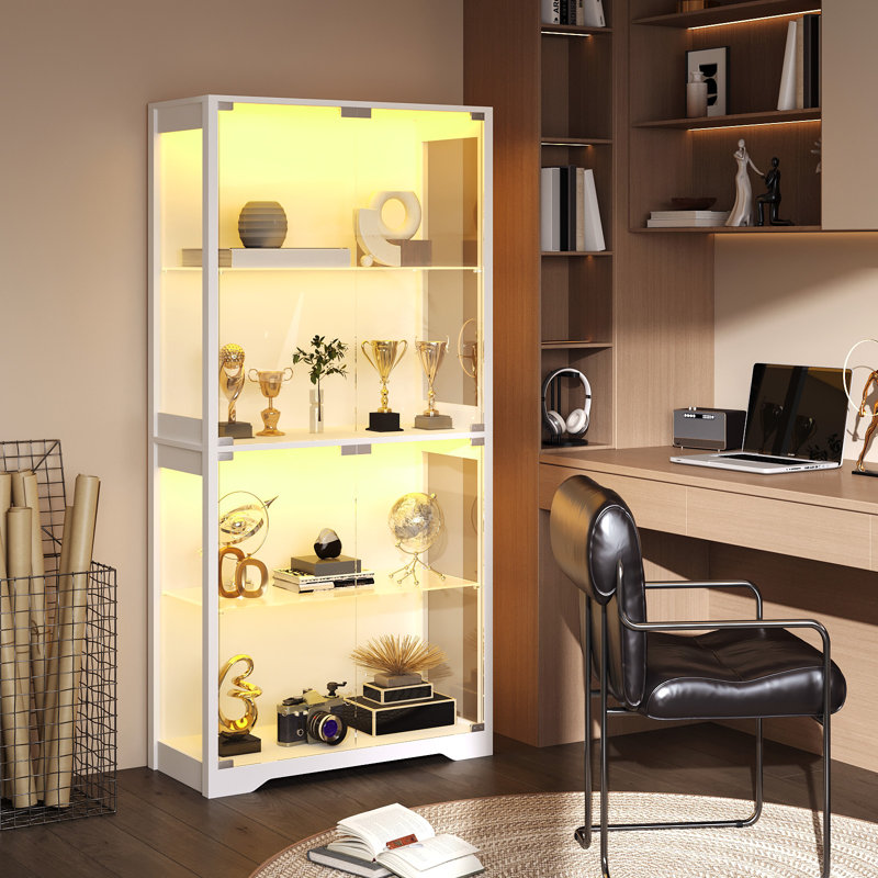 Vitrine à 4 niveaux en verre moderne avec portes à loquet magnétique, vitrine minimaliste de 65 po de hauteur pour les objets de collection, les livres et le rangement des trophées, pour le salon, la chambre à coucher et le bureau