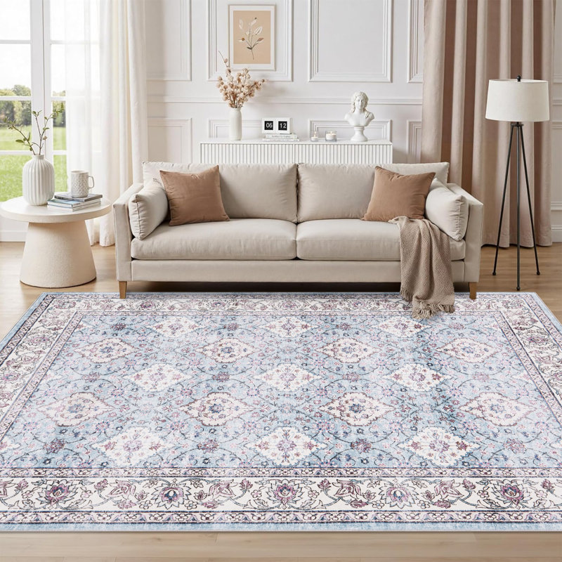 Vintage Area Rug 5 x 7 Floral Print Accent Carpet, Stain-Resistant Oriental Distressed Throw Rug with Non-Slip Backing, Washable Traditional Low Pile Indoor Mat for Living Room, Blue Colorful