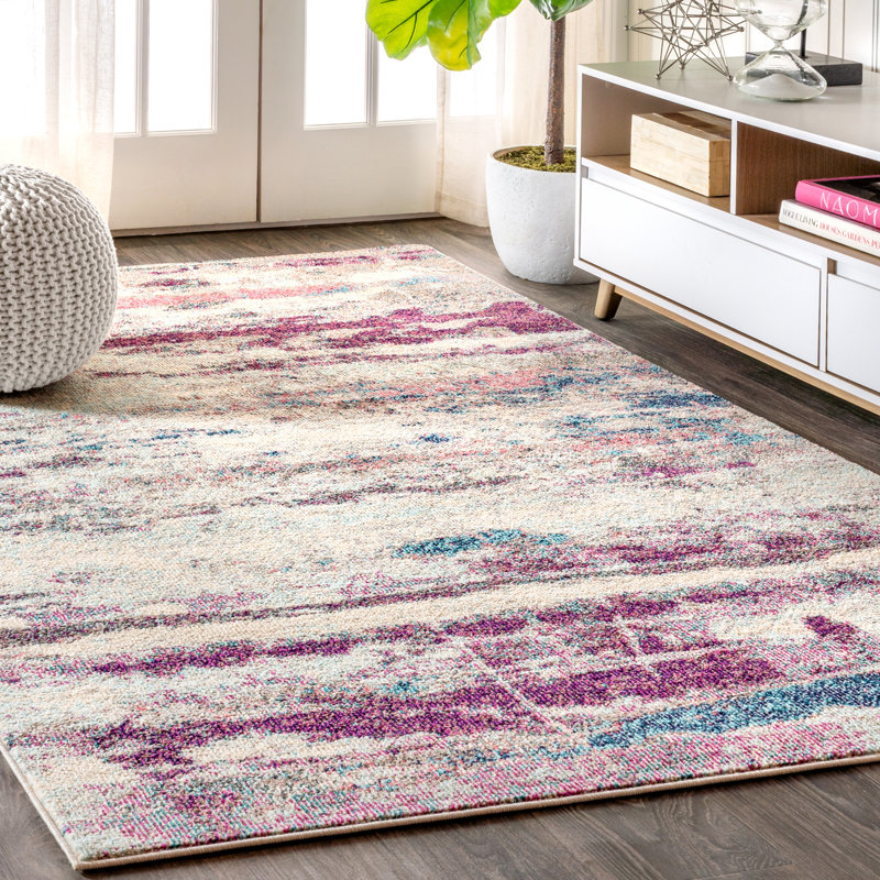 Lasley Contemporary POP Modern Abstract Brushstroke Cream/Pink Rug, Rectangle 5'3" x 7'7"