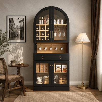 Bar à vin 70 po de hauteur avec portes en verre, support à 9 bouteilles, tiroir et tablettes de rangement