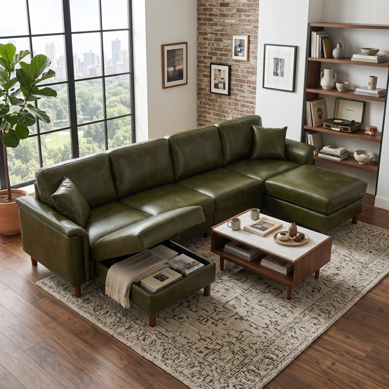 Canapé modulaire 120 po en simili cuir avec 2 repose-pieds de rangement, Dark Green PU