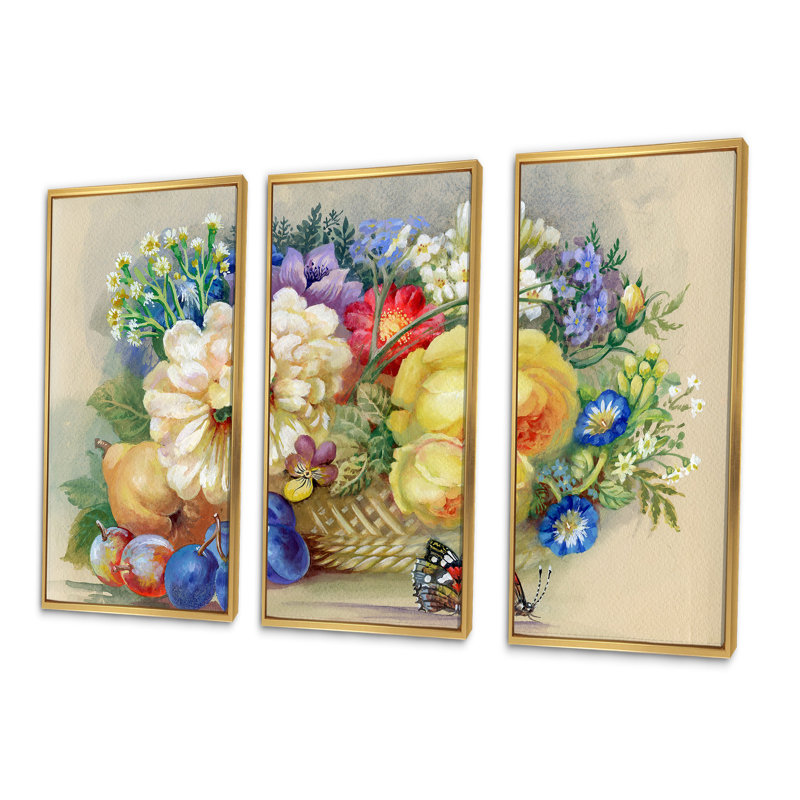 «Vintage Still Life Of Yellow and White Flowers», peinture sur toile 3 pièces, H 32 po x l 48 po, Or