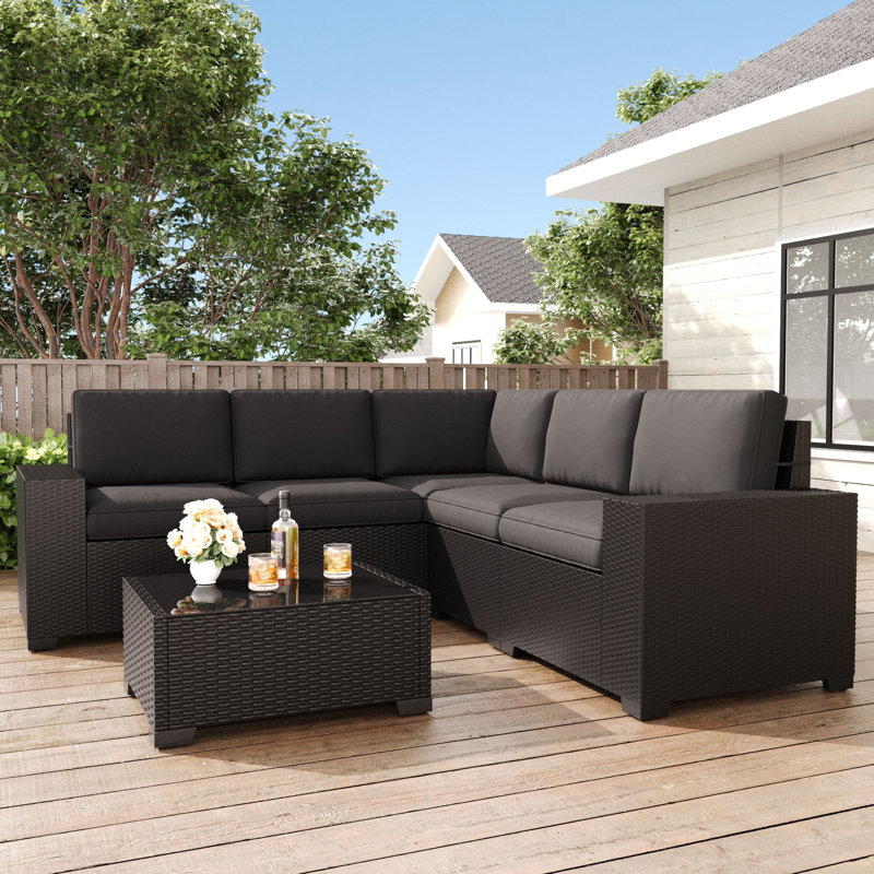  Ensemble de meubles de patio 6 pièces, ensemble de conversation modulaire en rotin noir, Noir, Noir