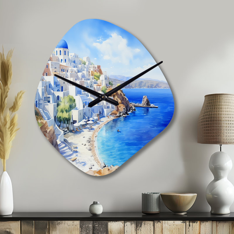 Santorini Grèce Serenity - Grèce horloge murale en forme unique, horloge asymétrique bleue, Petit