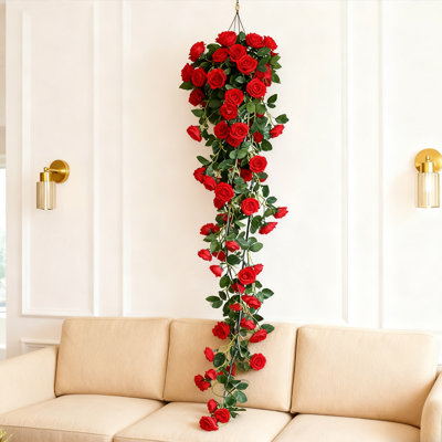 5.9FT Flower Garland, Artificial Rose Garland Hanging Rose Ivy, Hanging Basket Wedding Arch Garden Backdrop Decoration, Red
