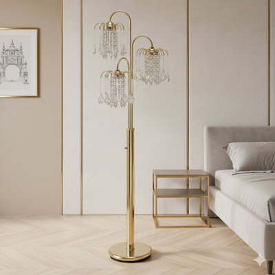 Metal Floor Lamp Standing 63 Inches Tall With A Brass Finish, Featuring A Crystal Chandelier-Inspired Design.