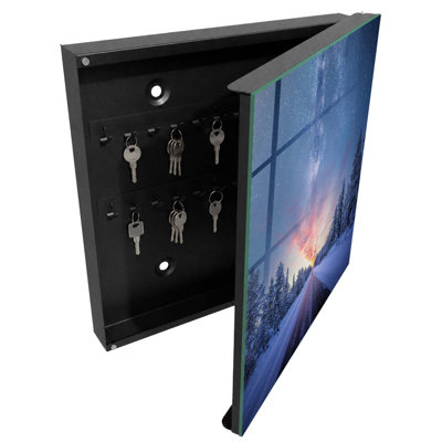 Decorative key box for wall, Opens to the right, 30x30x5, White, A stunning starry sky and winter forest, 