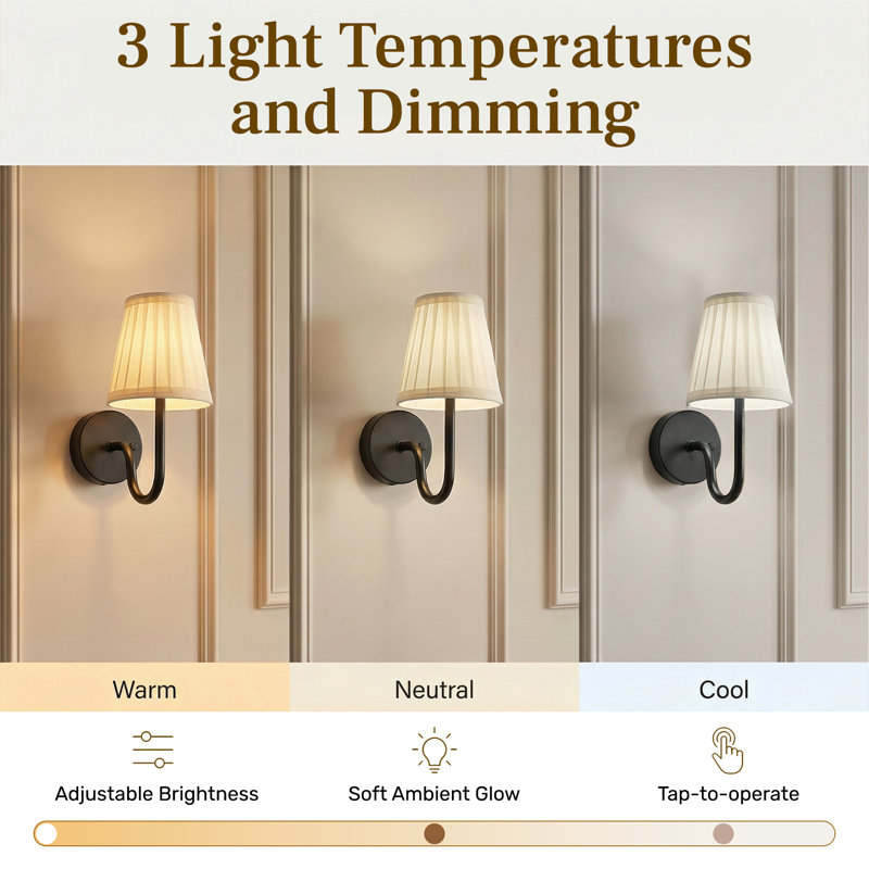 Bell + Howell Rechargeable Wall Light Sconce 2 Pack with Folded Pleated Shade and Dimmable - Black, Black