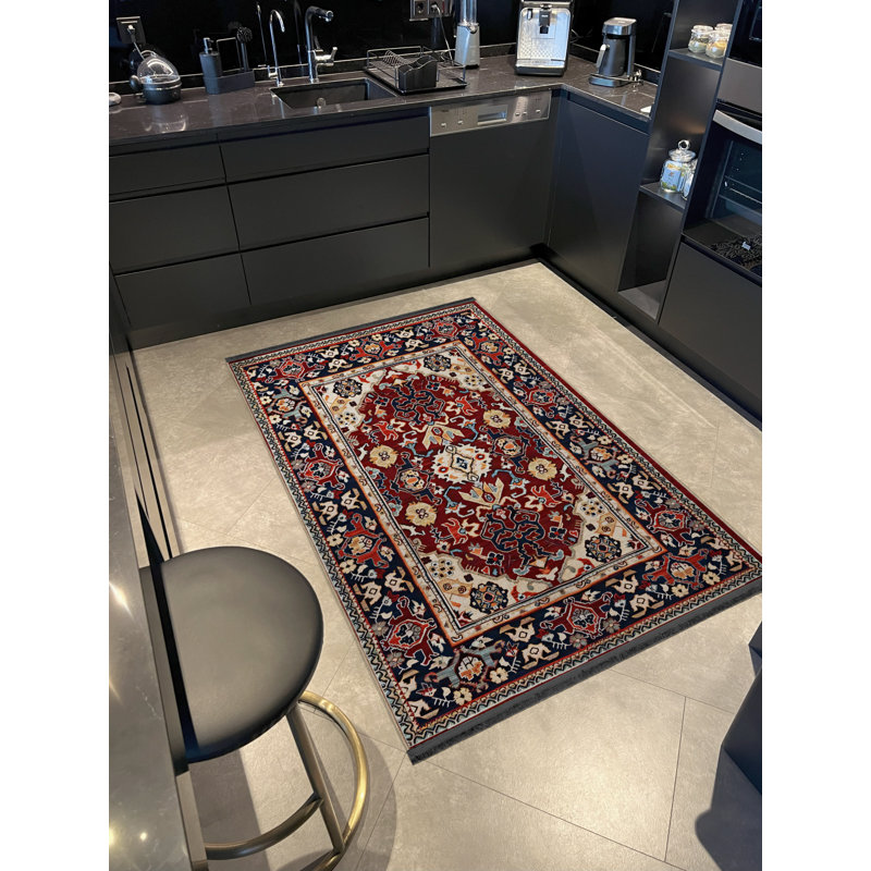 Tapis décoratif rétro multicolore à motifs foncés et à motifs frangés, Rectangle 4 pi 7,12 po x 6 pi 6,74 po