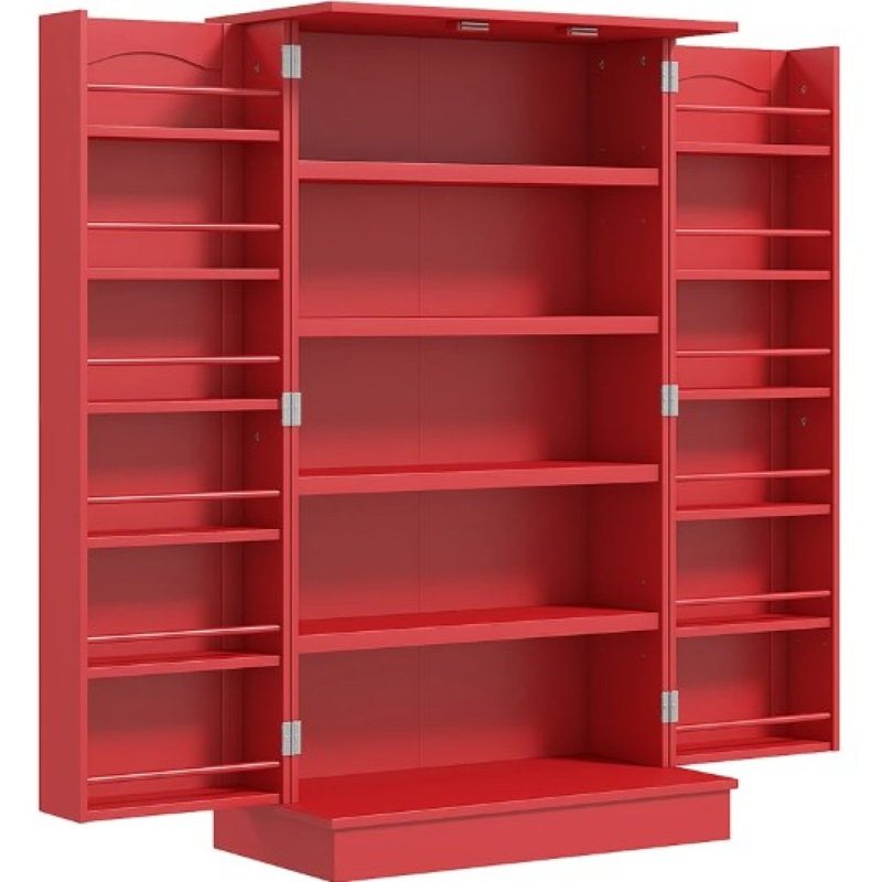 Grande armoire de rangement, armoire de cuisine avec portes doubles et tablettes à 5 niveaux, pour la maison, Rouge