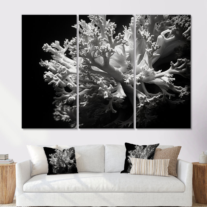 Ensemble de décorations murales noir et blanc Anemone Reef III - Corail sous l'eau, Toile tendue, H 32 po x l 48 po x P 1 po