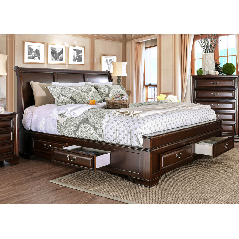 Goldene Solid Wood Sleigh Storage Bed, Brown Cherry, Queen