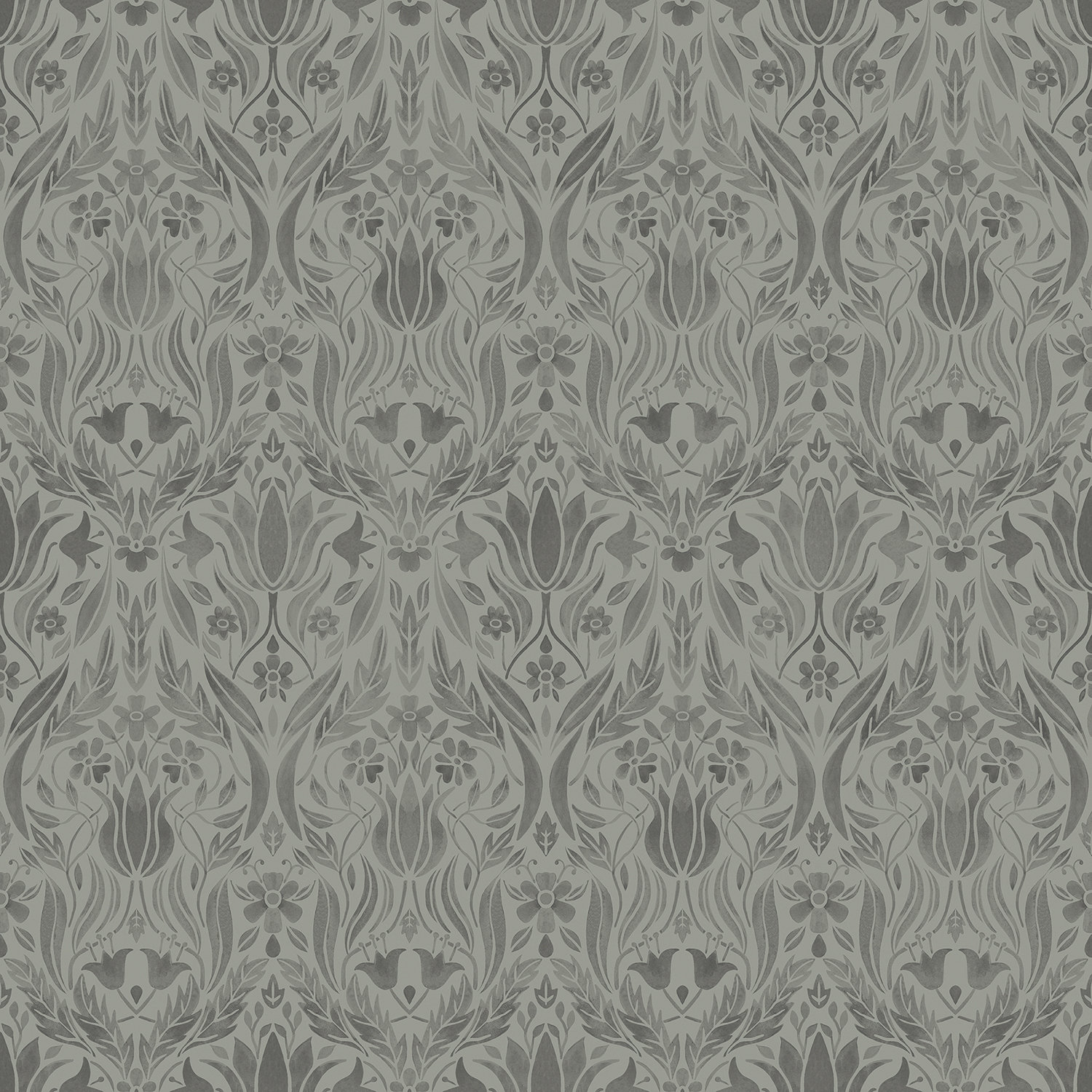 Blomstermala Tulip Damask 33' L x 21" W Wallpaper Roll, Gray