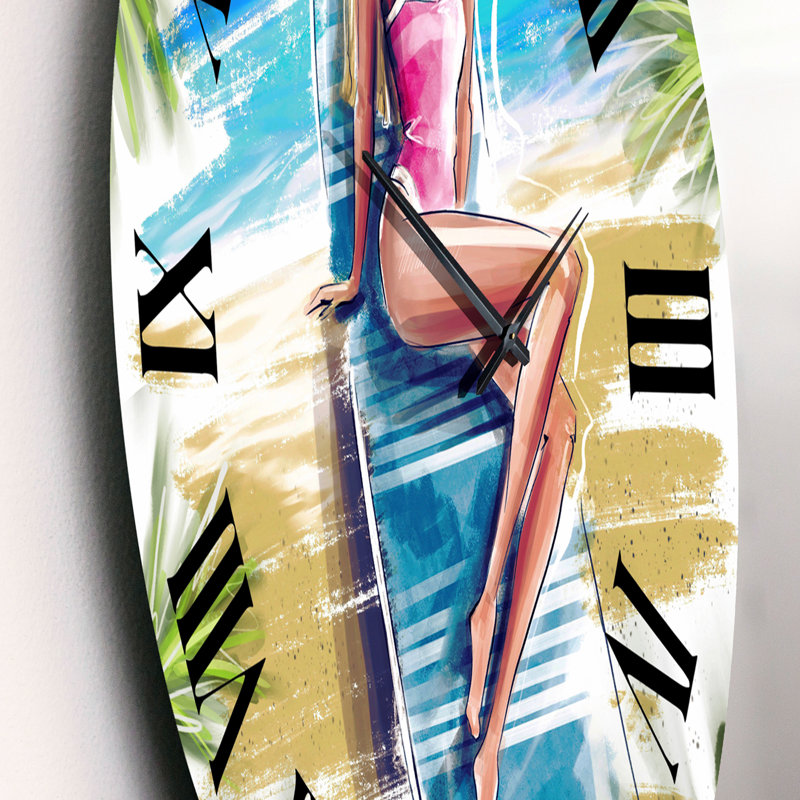Magnifique modèle blond à la plage en train de bronzer - Horloge murale nautique et côtière, Petit