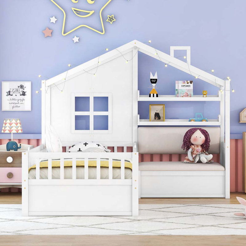 Lit House avec canapé, lit plateforme pour enfants avec deux tiroirs et tablette de rangement