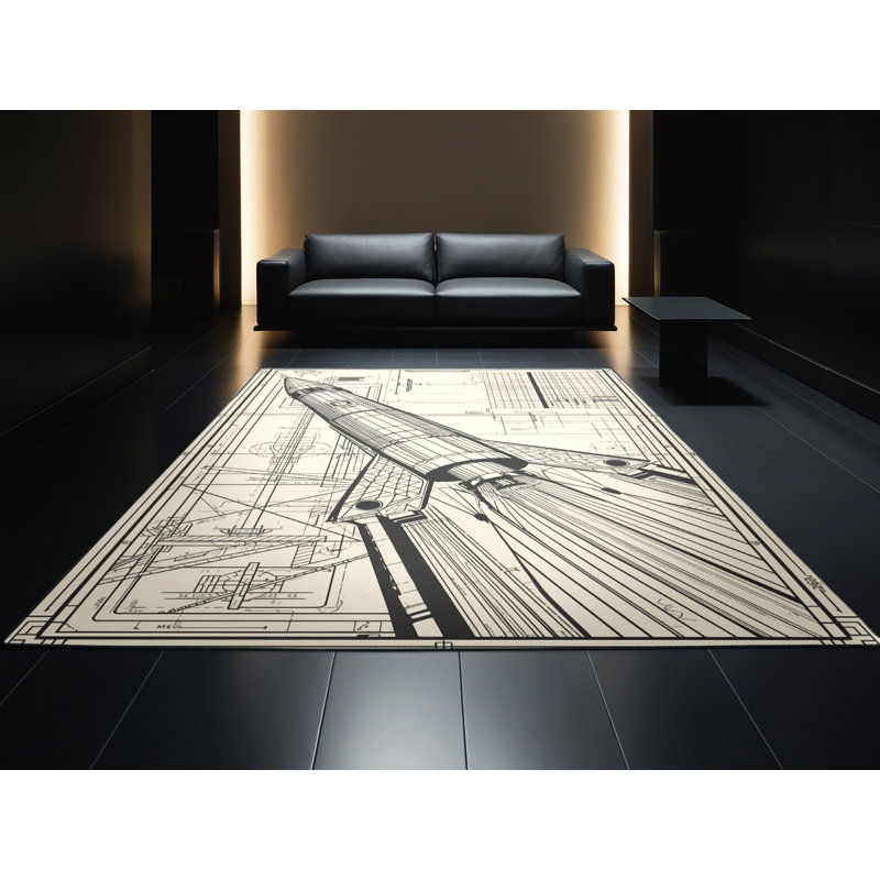 Machine Washable Ovetta Space Rocket Blueprint Modern Geometric Rug in Beige – Black Binding, 8 x 10