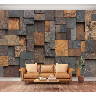 Wall Mural Peel and Stick 3d geometric wall rustic brown timber rock cube square Large Wallpaper Self-Adhesive Removable Contact Paper Wall Decor for Living Room Bedroom Nursery 100"H x 144"W