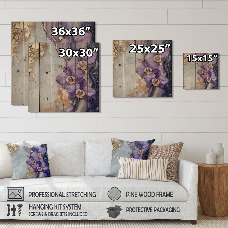 Marble Symphony Of Orchid II - Traditional Wooden Wall Art On Natural Pine Wood, 15" H x 15" W x 0.78" D