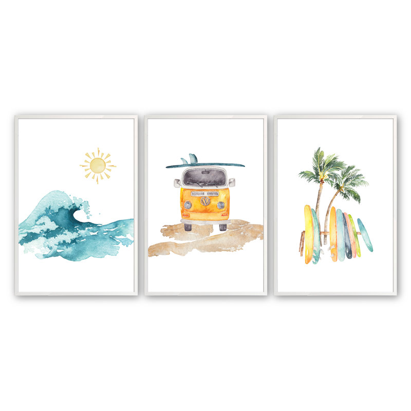 Casner at the Beach, ensemble de 3 œuvres d'art encadrées, Blanc opaque, H 12 po x l 16 po x P 1,25 po