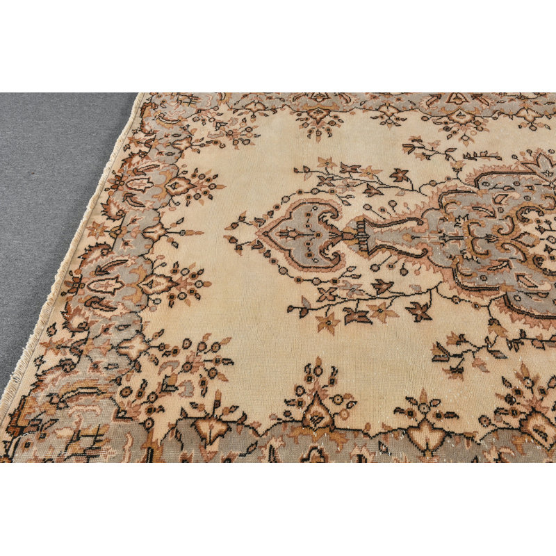 Grand tapis turc Oushak rétro beige pour plancher de salle à manger, décor brun / beige