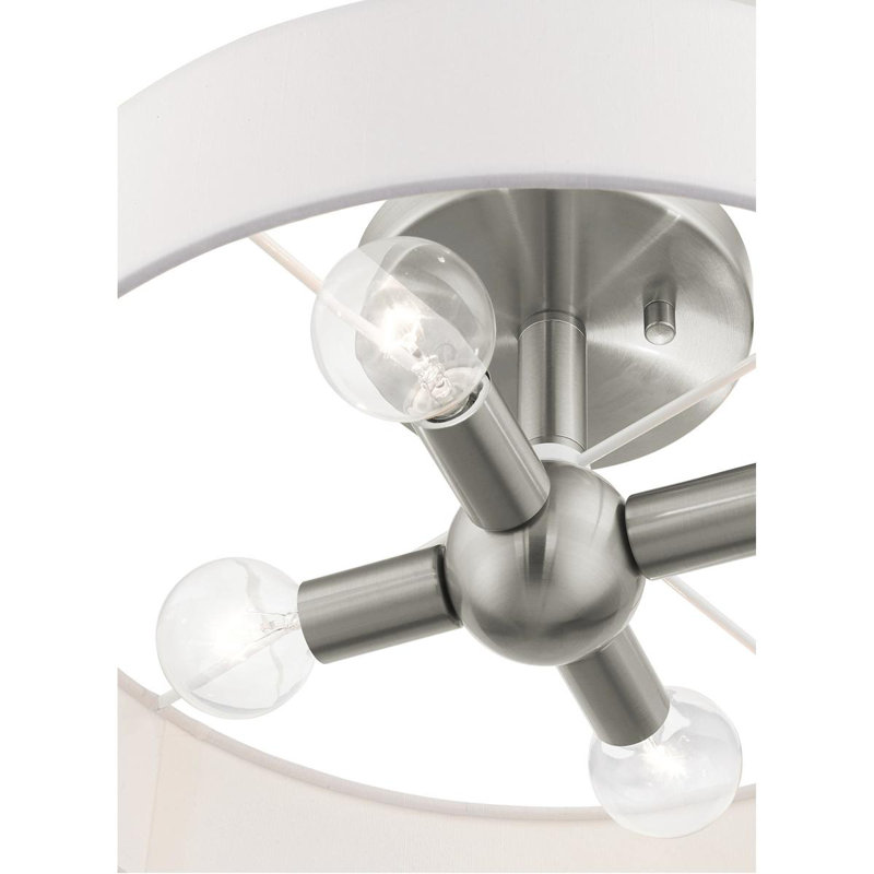 4 Light Semi Flush mount ceiling light fixture & Hand Crafted Off White Fabric, Brushed Nickel