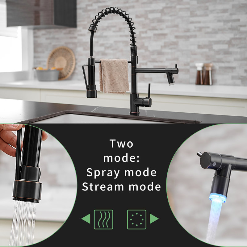 Led Kitchen Faucet With Pull Down , Oil-Rubbed Bronze, 360 Degree Rotation, Stream And Spray Faucet, Single Handle, Contemporary Element