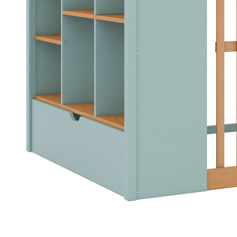 Lit mezzanine en bois avec échelle robuste et tablettes de rangement multicouches, Lit double, Mint Green + Natural Oak