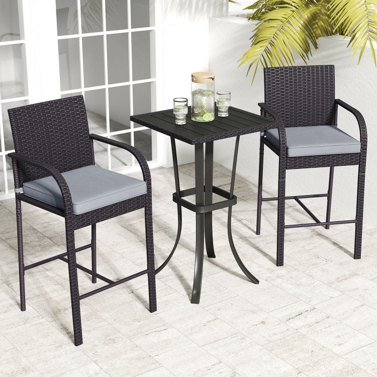 3-Piece Patio Wicker Rattan Bar Height Chairs and Square Table Set