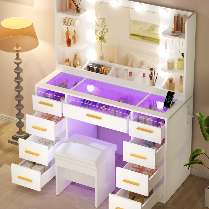 Adriel 43.3"W Makeup Vanity Desk With Lights, See-Through Desktop, Power Outlet