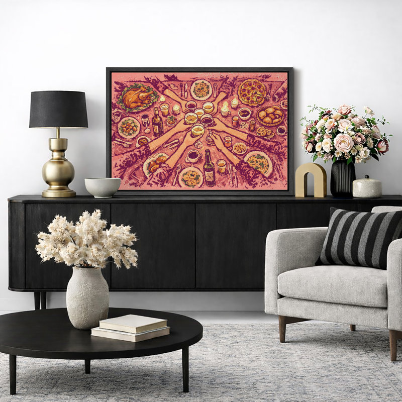 «Dinner Gathering», impression sur toile, impression sur toile encadrée, H 24 po x l 36 po x P 1,5 po, Cadre noir