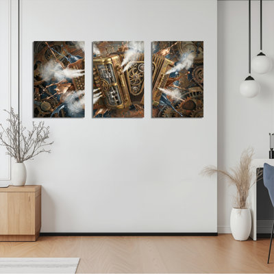 Ensemble de 3 tableaux muraux Steampunk sur toile tendue, représentant des engrenages mécaniques et de la vapeur