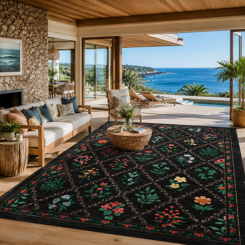 Tapis géométriques Bohe pour le salon, la chambre à coucher et la cuisine, Black, Rectangle 9' x 12'