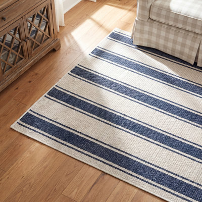 Blue Awning Stripe Machine Washable Rug