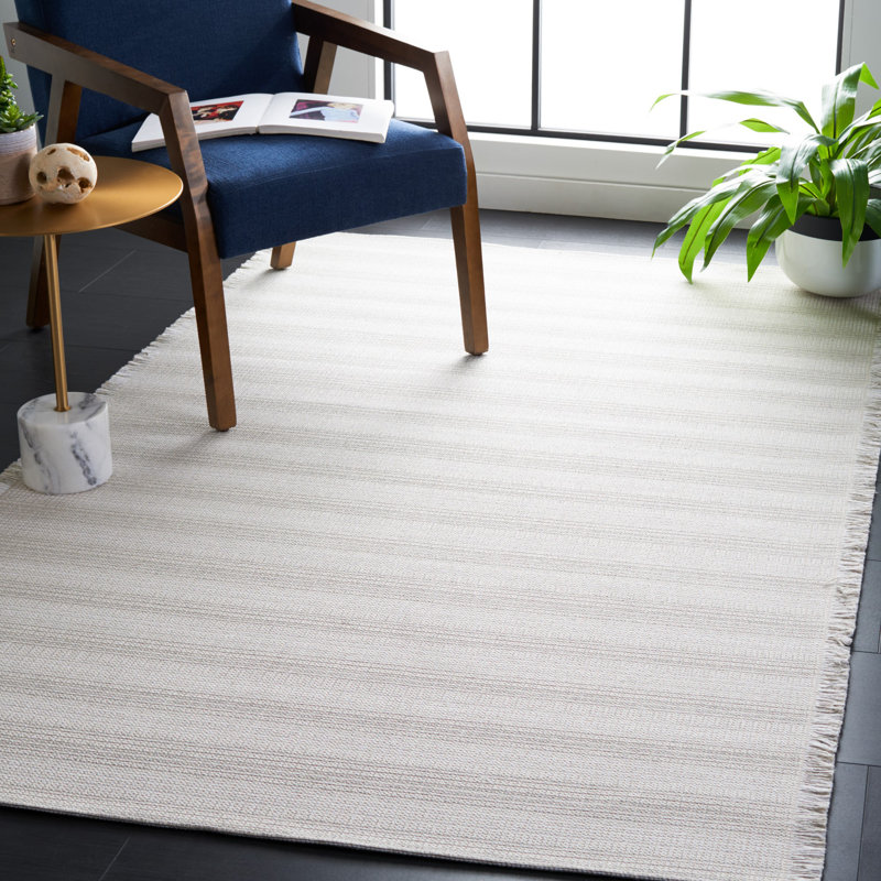 Ivory and Gray Square Flat Woven Synthetic Stripe Rug