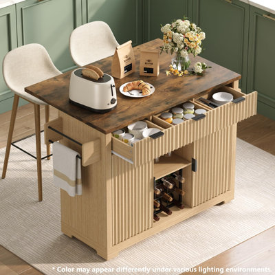 Kitchen Island With Drop Leaf, Wine Rack & Wheels