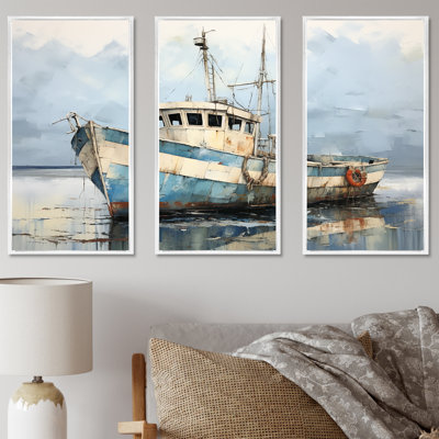 Blue And White Fishing Boat I - Coastal Boat Wall Art Living Room Set
