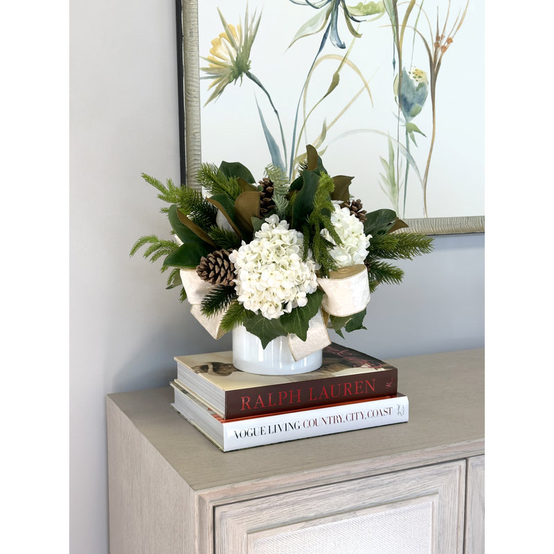 Holiday Arrangement with Hydrangeas, Pinecones and Bows, White