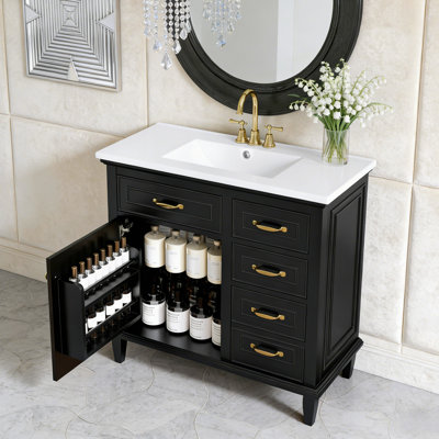 Meuble-lavabo autoportant 36 po avec comptoir en céramique, cadre en bois massif, tablette réglable 36 po